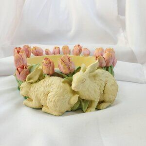 VTG Decorative Easter Rabbit & Tulip Design Bowl Spring Time Planter Candy Dish